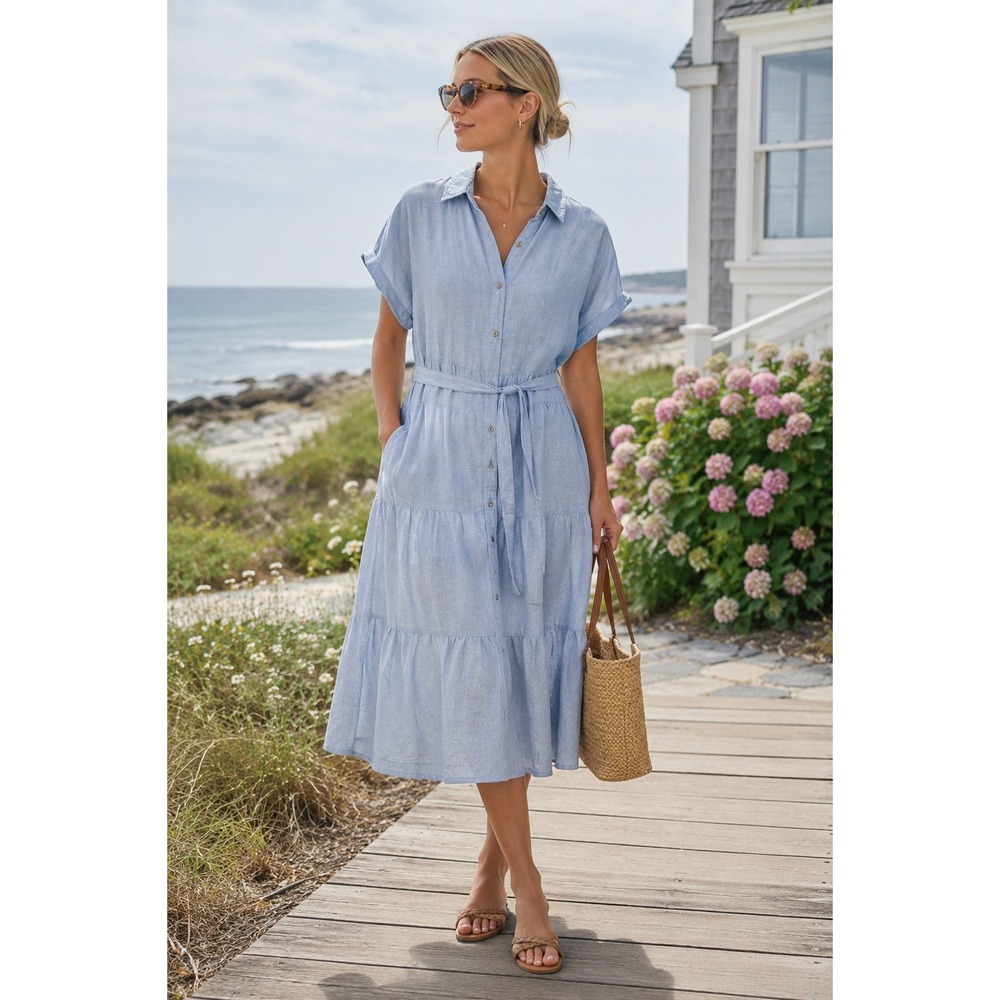 Cynthia Rowley 100% Linen Light Blue Tiered Midi Quiet Luxury Shirt Dress XS